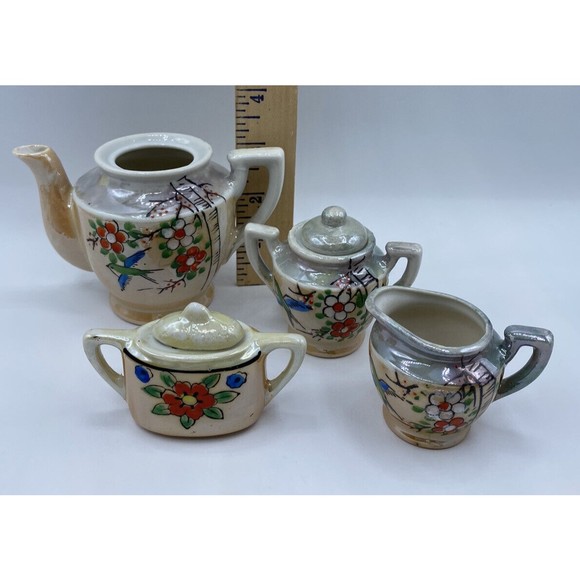 Japanese Teapot Tea Set Lusterware 18-pc Floral Hand-painted Children set AS IS - Picture 10 of 10